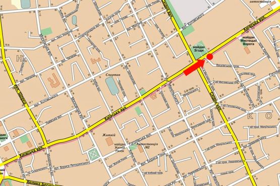 Схема рекламної площини за адресою Киевская ул., 100, напротив напротив ТРЦ "Глобал", супермаркетов Фокстрот, Эльдорадо, Комфи, Караван