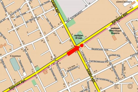 Схема рекламної площини за адресою Киевская ул., 98 / пл. Согласия, напротив ТЦ "Ярмарок", супермаркета "Эльдорадо"