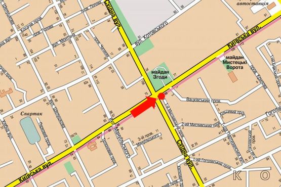 Схема рекламної площини за адресою Киевская ул., 98 / ул. Восточная, напротив ТЦ "Ярмарок", супермаркета "Эльдорадо", на светофоре