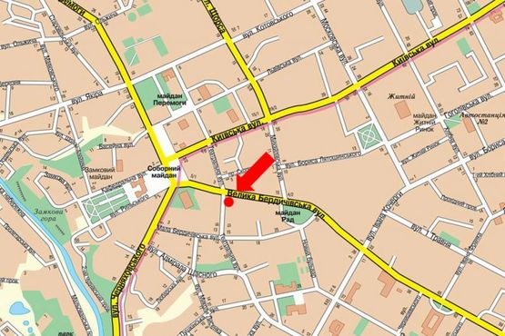 Схема рекламной плоскости по адресу Бердичевская ул., 4 / ул. Театральная, напротив магазина "Брэйн", Автодорожного колледжа, на светофоре