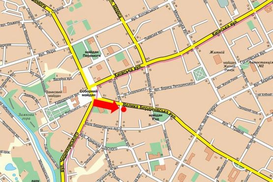 Схема рекламної площини за адресою Бердичевская ул., 4 / ул. Театральная, напротив магазина "Брэйн", Автодорожного колледжа, на светофоре