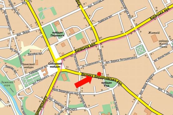 Схема рекламной плоскости по адресу Бердичевская ул., 15, возле центрального гастронома, ресторана "Сушия"