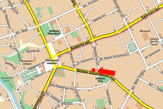 Схема рекламної площини за адресою Бердичевская ул., 15, возле центрального гастронома, ресторана "Сушия"