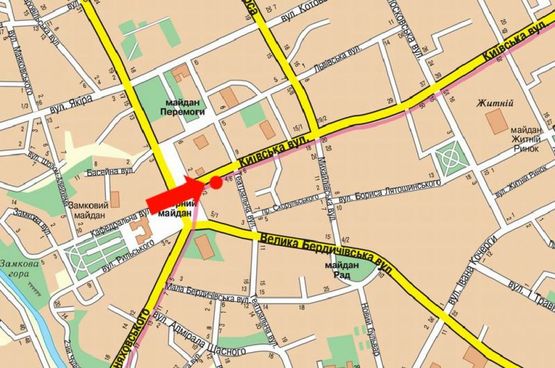 Схема рекламної площини за адресою Киевская ул., 4, возле костела, напротив гостиницы "Украина", Укрсиббанка