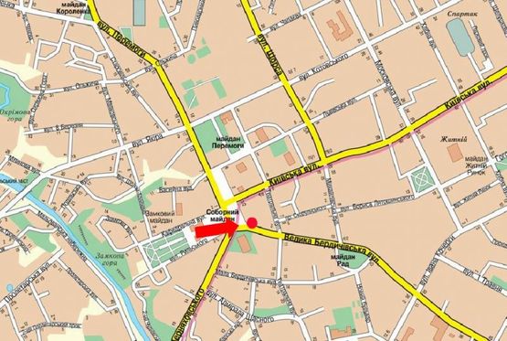 Схема рекламной плоскости по адресу Соборная пл., 5/1 / ул. Б. Бердичевская, возле Драмтеатра им. Кочерги