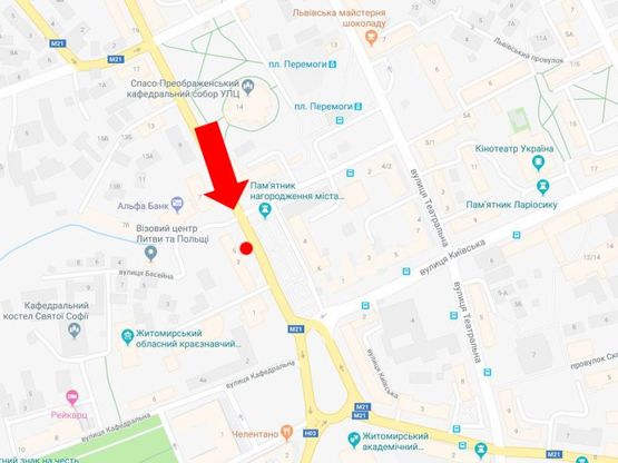 Схема рекламної площини за адресою Победы ул., 3, остановка "Победы пл.", центр, в сторону ул. Киевской