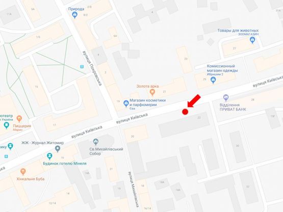 Схема рекламної площини за адресою Киевская ул., 22 / ул. Покровская (бывш. ул. Щорса), остановка «Укртелеком», в центр