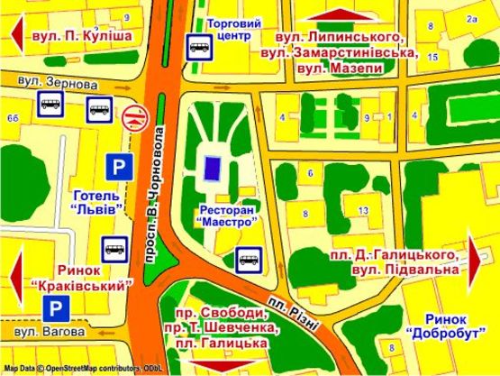Схема рекламной плоскости по адресу пр. Чорновола, 7 (готель "Львів", ріг вул. Зернової)