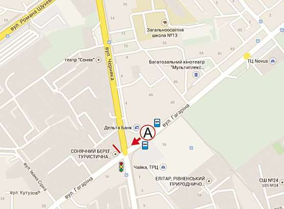 Схема рекламной плоскости по адресу Грушевського ( ТРЦЧайка)  - Гагаріна -  Черняка ст А