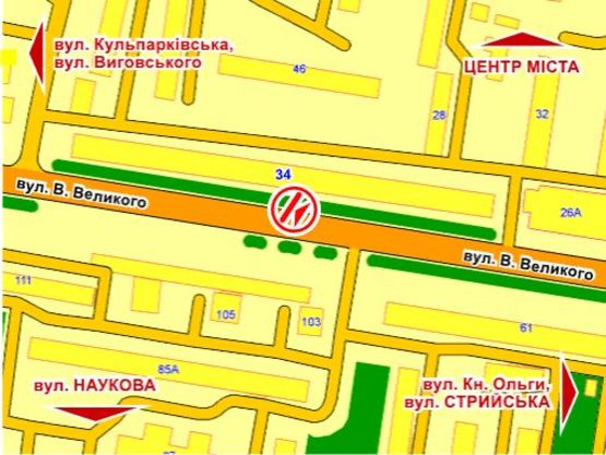 Схема рекламной плоскости по адресу вул. В. Великого, 34, розмір 2,3 х 3,2 м скролл