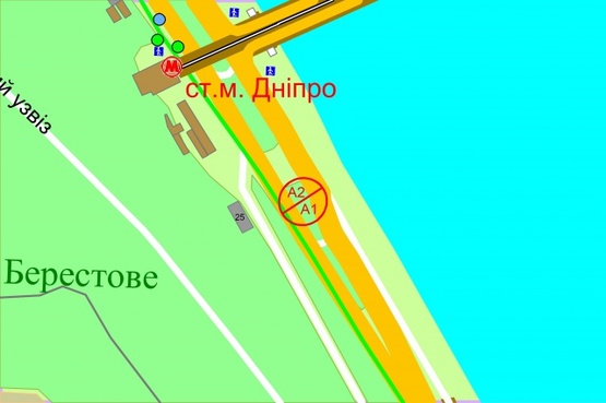 Схема рекламной плоскости по адресу Набережне шосе, 25 (розподілювач біля мосту Метро) після 100 метрів по ходу від мосту Метро