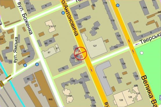 Схема рекламної площини за адресою Антоновича (Горького), 140,  за 40 метрів до перехрестя з вул. Тверська (світлофор)