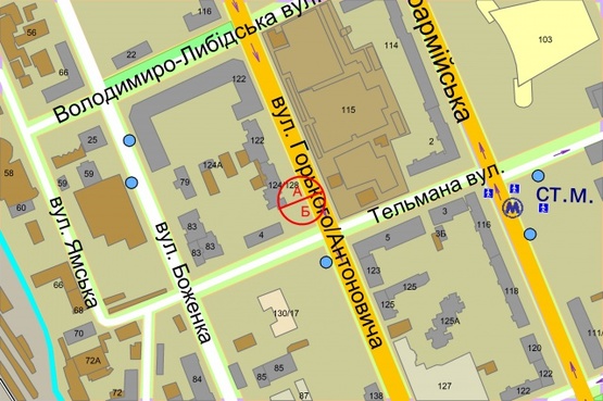 Схема рекламной плоскости по адресу Антоновича (Горького), 124/128,  зупинка "Володимирський ринок" (світлофор)