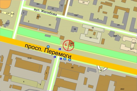 Схема рекламної площини за адресою Перемоги проспект, 60 / навпроти вул. Гарматна (рух із центру)