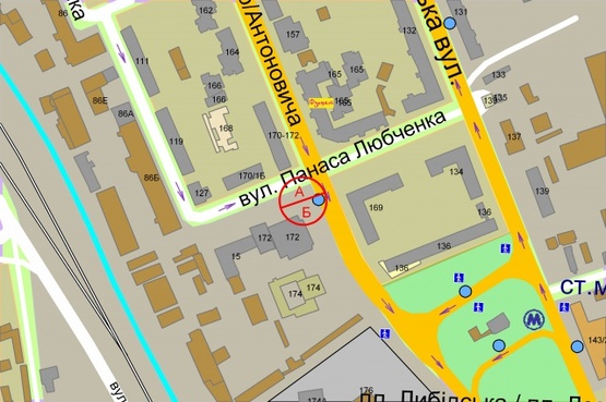 Схема рекламной плоскости по адресу Антоновича (Горького), 172 / Загородня (Любченка),  біля ТЦ Палладіум Сіті