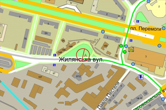 Схема рекламной плоскости по адресу Жилянська, 148 (станція швидкісного трамвая "Площа Перемоги")