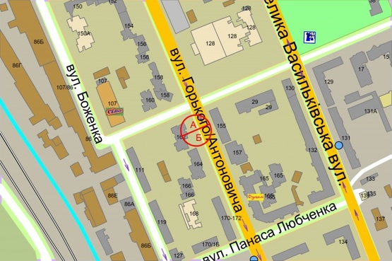 Схема рекламной плоскости по адресу Антоновича (Горького), 162 / Ковпака (світлофор)