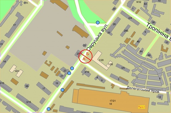 Схема рекламной плоскости по адресу Овруцька, 28/1 / Делегатський провулок (світлофор)