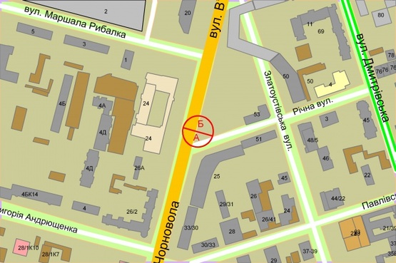 Схема рекламной плоскости по адресу Чорновола В'ячеслава, 27 / Річна (за 100 метрів до перехрестя з вул.Рибалка)