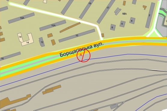 Схема рекламной плоскости по адресу Борщагівська, навпроти буд. 10  (рухаючись до центру міста)