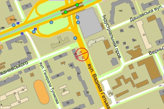 Схема рекламної площини за адресою Гетьмана Вадима (Индустриальная), 32 , після 150 метрів за рухом від Індустріального мосту