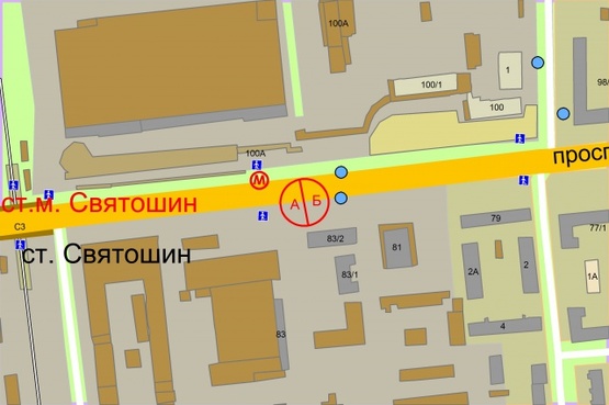 Схема рекламної площини за адресою Перемоги проспект, 83/2, вихід ст.М"Святошин", рух від центру міста, ліворуч