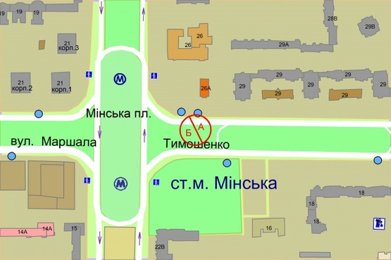 Схема рекламной плоскости по адресу Маршала Тимошенка / Оболонський проспект, 26 А (розподілювач), М"Мінська" навпроти МакДональдз