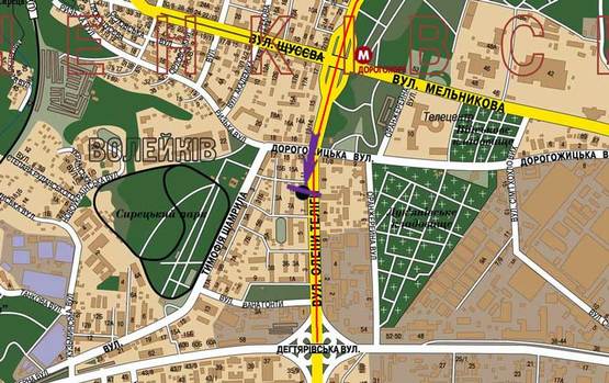 Схема рекламной плоскости по адресу ул. О. Телиги, 9 в направлении  Шулявки