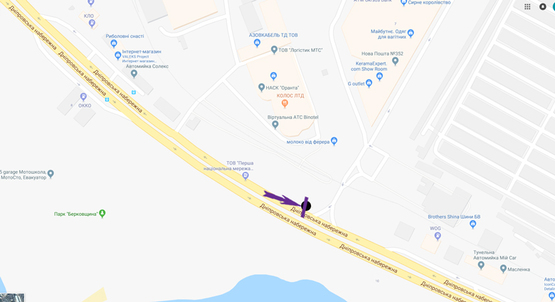 Схема рекламной плоскости по адресу Дніпровська Набережна, суп-т "Новус", на світлофорі, в напрямку пр. Бажана