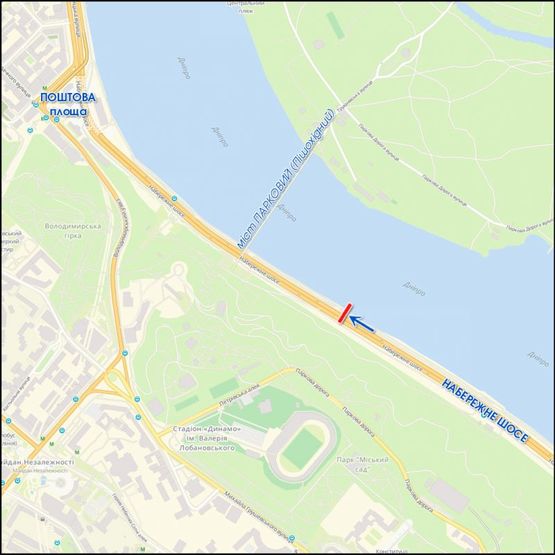 Схема рекламной плоскости по адресу Наб. шоссе, за Пешеходным мостом, к ст.м.Днепр