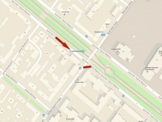 Схема рекламної площини за адресою пр-т. Д. Яворницького - вул. О. Гончара, роллер 4х3/пр. К. Маркса - ул. О. Гончара, роллер 4х3 Соборная площадь, Горный Университет, Исторический музей, рядом ТЦ Атриум