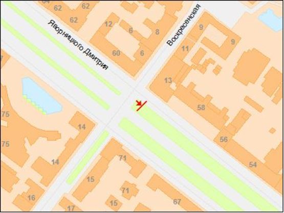 Схема рекламной плоскости по адресу пр.Д.Яворницького - 
вул.Воскресенська/пр. Карла Маркса - ул.Ленина центр города, поток движения в сторону Оперного театра