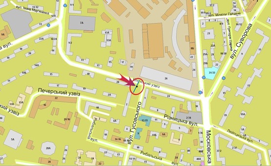 Схема рекламной плоскости по адресу Кловский спуск, 20 (А5) СКРОЛЛЕР/на вул.Суворова,к-тр Зоряний,б-р Л.Українки