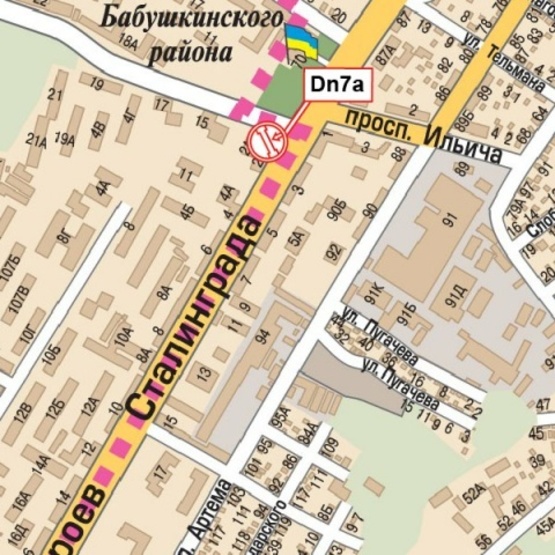 Схема рекламной плоскости по адресу Хмельницького Б. просп. -  П. Орлыка просп. (Героев Сталинграда ул. - Ильича просп.) (Бабушкинское РОВД, магазин "Кафель", Кредитпромбанк, магазин Бильярдных столов), из центра города