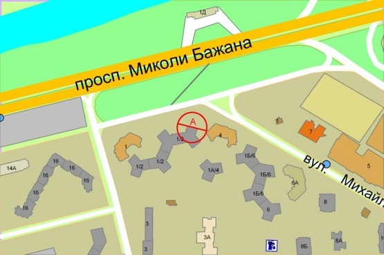 Схема рекламной плоскости по адресу Николая Бажана проспект / Бориса Гмыри, 1/2-въезд