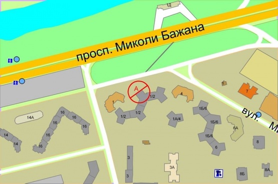 Схема рекламной плоскости по адресу Николая Бажана проспект / Бориса Гмыри, 1/2-въезд