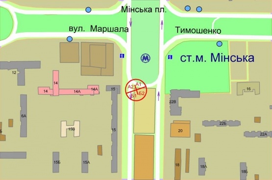 Схема рекламной плоскости по адресу Оболонский проспект, 15 ((М) "Минская")