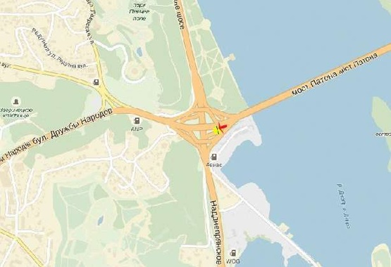 Схема рекламної площини за адресою Надднепрянское шоссе, трансп.развязка с б-м Дружбы Народов, со стороны моста Патона, в центр