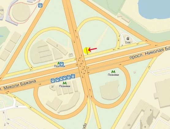 Схема рекламной плоскости по адресу Бажана пр-т, развязка с пр-м П.Григоренка, возле ст.м.Позняки, в сторону Южного моста