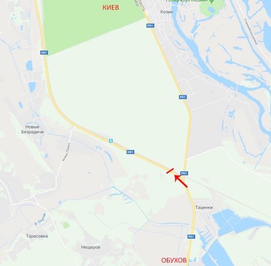 Схема рекламной плоскости по адресу Въезд в Киев, со стороны Знаменки, 400м от поворота на Козин, к котедж.городку Романово