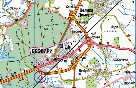 Схема рекламной плоскости по адресу Выезд из Киева, в сторону Чернигова, выезд на Бровары, перед мостом, к котедж.городку Княжичи