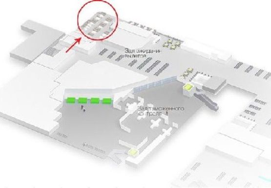 Схема рекламной плоскости по адресу Зал ожидания вылетов, 2 этаж (Терминал А)