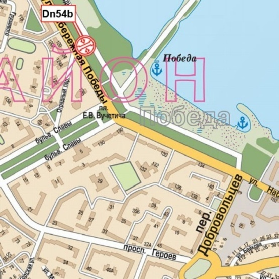 Схема рекламної площини за адресою Набережная Победы ул., напротив дома №124, кинотеатр "Салют", Сервис-центр LG), в сторону бул. Слабы