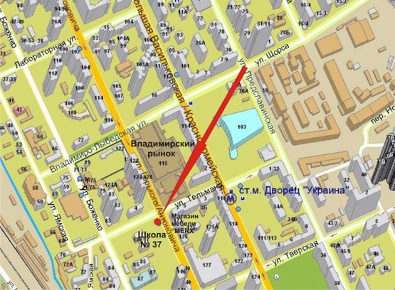 Схема рекламной плоскости по адресу Ул.Горького (Антоновича)/ул.Тельмана (Владимирский рынок к ТЦ Океан Плаза)призма 1