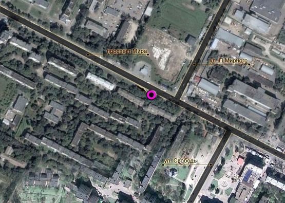 Схема рекламної площини за адресою проспект Миру - вул.П.Мирного. неподалік: АЗС "ОККО", зупинка, ринок, "Фокстрот" (в центр)