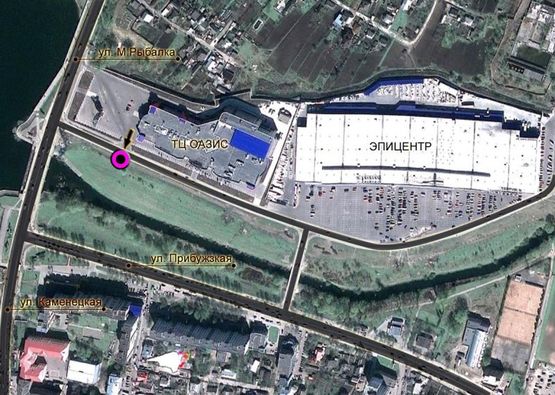 Схема рекламної площини за адресою новая дорога, "ЕПІЦЕНТР", ТРЦ "ОАЗИС", заїзд на "ОАЗИС". неподалік: "Епіцентр", супермаркет "Таврія В", "Сільпо", ТРЦ "Оазис", центральний ринок, елітна забудова "Набережний квартал" (центр)