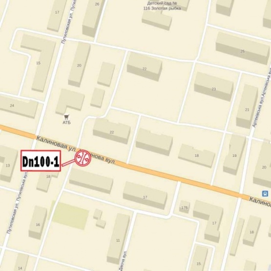 Схема рекламної площини за адресою Калиновая ул., 19, (перекресток), маркет "АТБ", "Калиновый", косметология "Медсервис", в направл. просп. газеты "Правда"