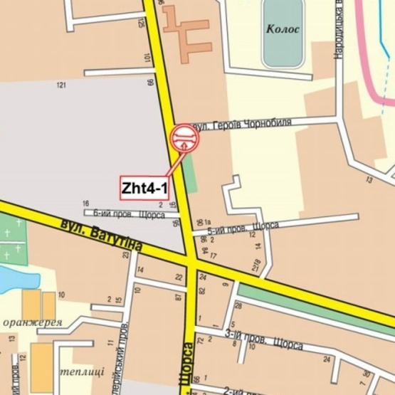 Схема рекламной плоскости по адресу Покровская ул. (ул. Щорса) , 94 (левый), (супер-маркет "ВОПАК", ГАИ УМВД Житомира, УкрСибБанк, Археологический колледж), направл. из города