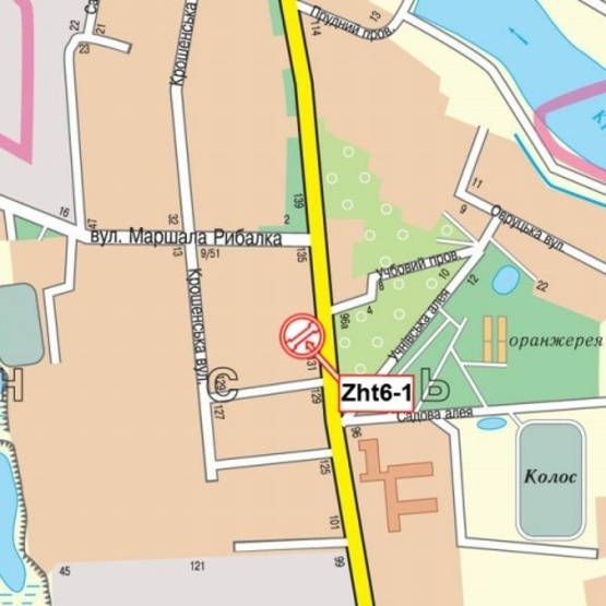 Схема рекламной плоскости по адресу Покровская ул. (ул. Щорса), 131 (верхняя) (ГАИ УМВД Житомира, маркет "ВОПАК", Агротехничеккий колледж, Клуб "РИО"), направл. из центра города