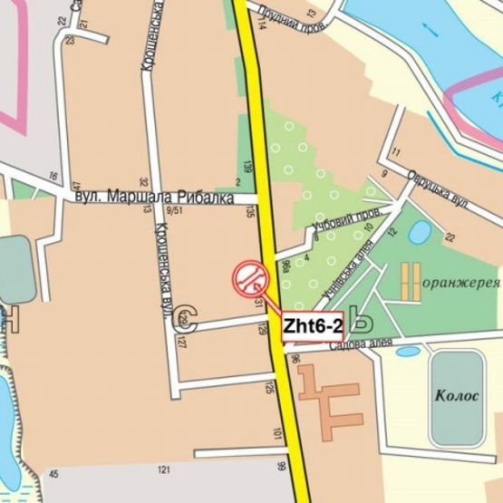 Схема рекламной плоскости по адресу Покровская ул. (ул. Щорса), 131 (нажняя) (ГАИ УМВД Житомира, маркет "ВОПАК", Агротехничеккий колледж, Клуб "РИО"), направл. из центра города